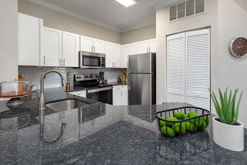 View from the kitchen counter of the stainless steel appliances.