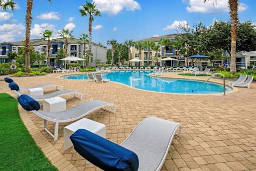 Side view of a pool surrounded by different sun loungers and palm trees.