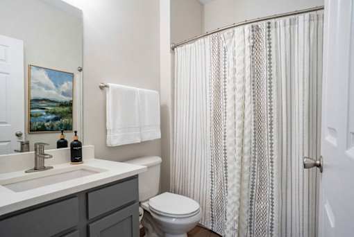 A bathroom with a toilet, sink, and shower curtain.