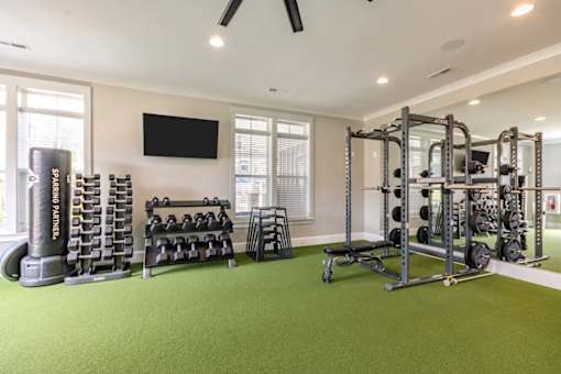A well equipped gym with green flooring and a flat screen TV mounted on the wall.