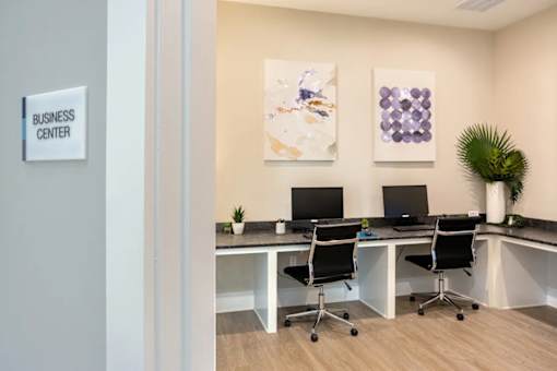 A business center with two computers and a plant.