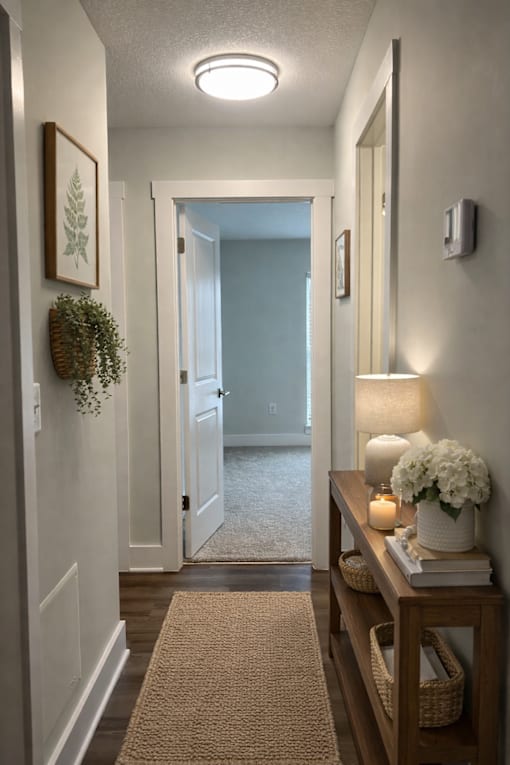 A hallway with a light on the ceiling, a plant on the wall, and a basket on a table.