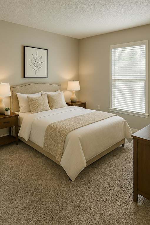A bedroom with a large bed and two lamps.