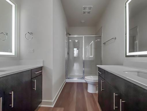 A modern bathroom with a walk-in shower and a toilet.