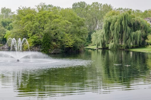 a fountain in the middle of a lake with trees in the background at Evergreen Luxury Apartments, Merrillville