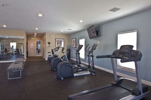 a room filled with lots of cardio equipment and a flat screen tv at Evergreen Luxury Apartments, Merrillville, IN
