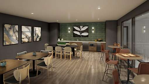 A modern dining room with wooden tables and chairs.