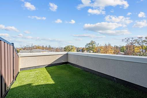 A small grassy area is surrounded by a concrete wall.