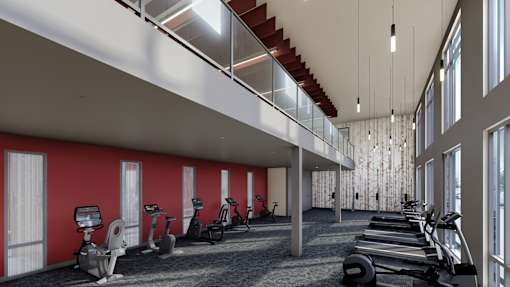 A gym with a row of treadmills and elliptical machines.