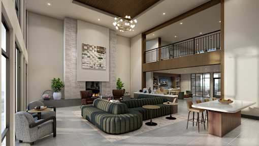 A modern living room with a fireplace and a balcony.