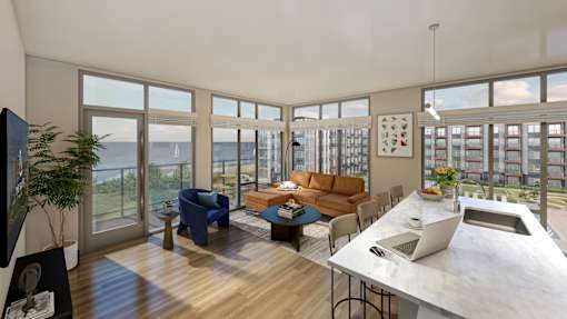 A modern living room with a view of the ocean.
