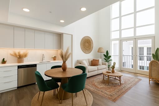A modern kitchen with a dining table and chairs at Fusion Hollywood Apartments.