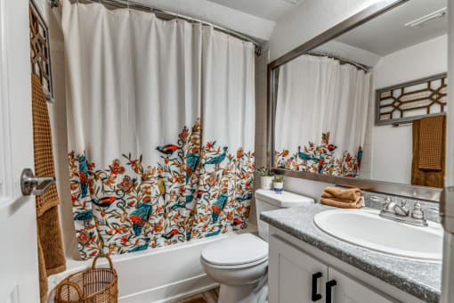 Renovated Bathroom in Fusion Fort Worth (previously Desert Sands) apartment in Haltom City. Teal, Red, and Camel colored birds embroidered on shower curtain in large bathtub.