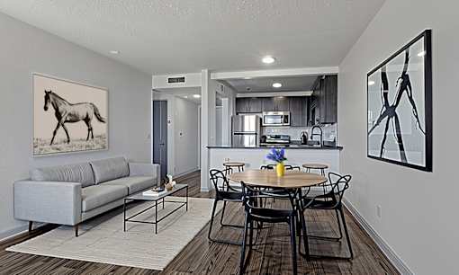 The Canvas Apartments Nashville TN living room with a grey couch and a painting of a horse on the wall.