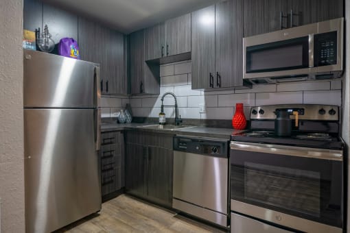 The Canvas - Modern Kitchen with Soft-Close Wood-Inspired Cabinets, Stainless-Steel Appliances, and Hardwood-Inspired Flooring and Stainless Steel Appliances