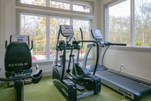 Gym at the Retreat apts at Indian Lake  in hendersonville with cardio machines looking out a large window to community pool.