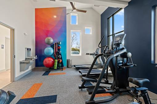The Canvas Apartments fitness center with a rowing machine, a treadmill, a weight bench, a medicine ball, a squat rack, a dumbbell, a kettlebell, a foam roller, a resistance band