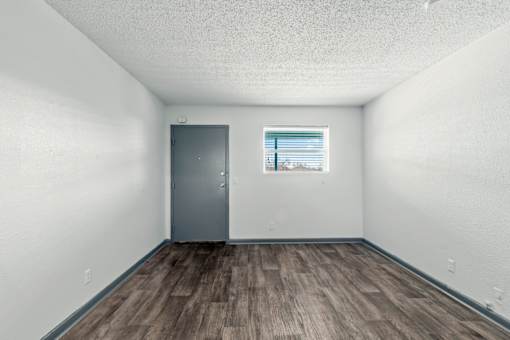 The Canvas Apartments Nashville living room with a grey door and a window with blinds.