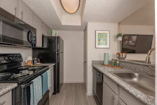 Fusion 35 kitchen with a black stove top oven and a black refrigerator.