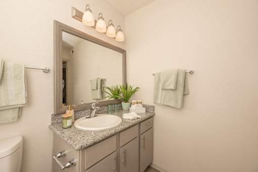 Fusion 35 bathroom with a sink, mirror, toilet and towels.