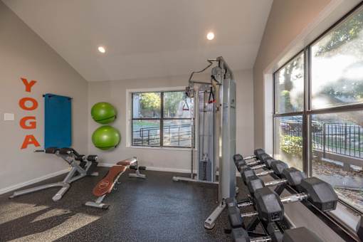 Fusion 35 yoga room with a row of dumbbells on the right and a green exercise ball on the left.