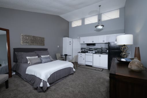 Fusion Fort Worth (previously Desert Sands apartments) efficiency studio apartment living area with grey carpet and grey plank flooring in modern kitchen area.
