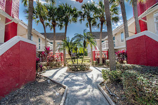 A red and white building with a palm tree in front at Fusion Orlando furnished apartments.
