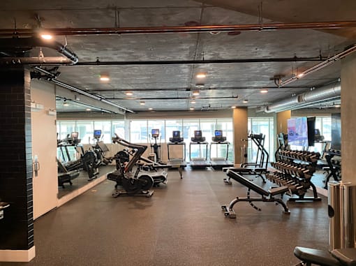 A gym with a variety of exercise equipment.