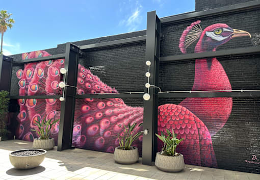 Fusion Hollywood Apartments (previously Alta Ink Apartments) courtyard with a mural of peacock feathers on the side.