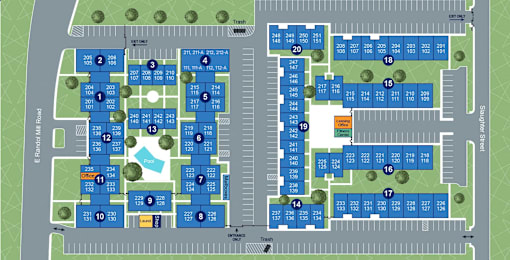 A map of a complex with numbered buildings and roads.