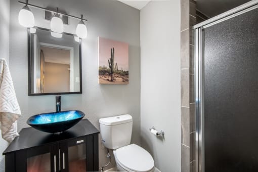 Modern bathroom in Stadium 700 one bedroom apartments in Arlington, TX with a luxury basin sink, toilet, and shower with frosted glass door.