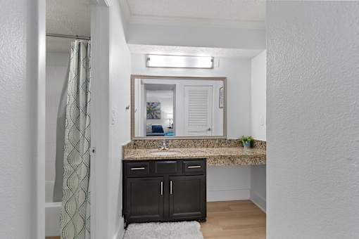 A bathroom with a sink and a mirror.