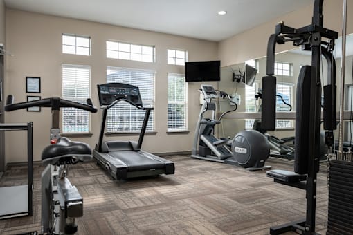 A spacious home gym with a variety of equipment including a treadmill, stationary bike, and weight machines.