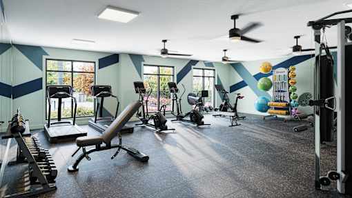 A gym with a variety of equipment including weights and a bench.