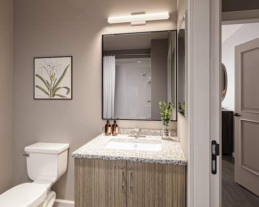 A bathroom with a toilet, sink, and mirror.
