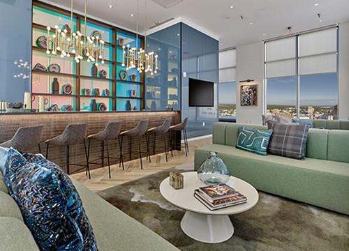 a living room with a couch and a table