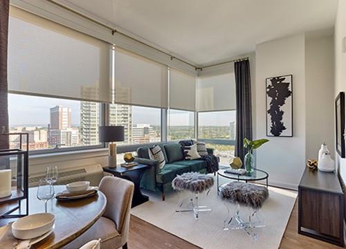 a living room with a couch and a table