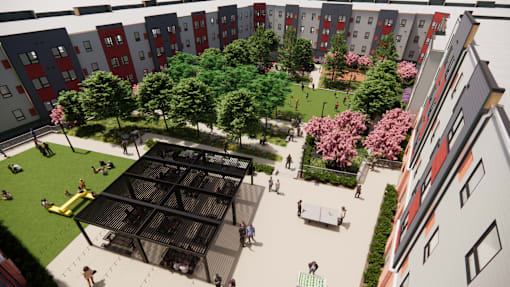 A park area with a canopy and people sitting and walking.