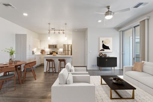 living space with kitchen and dining table
