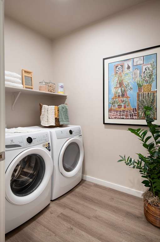 A laundry room with two washing machines and a framed picture on the wall.