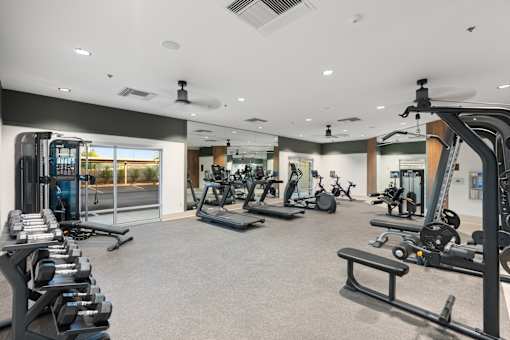 A spacious gym with a variety of equipment including treadmills, weights, and exercise machines.