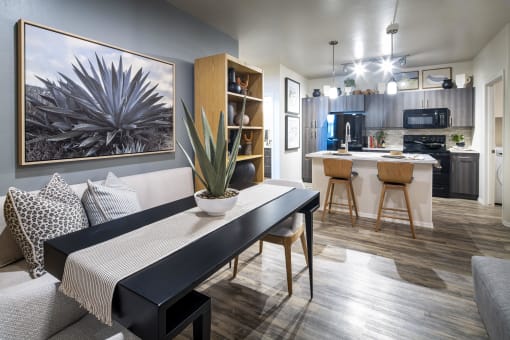a kitchen and dining area