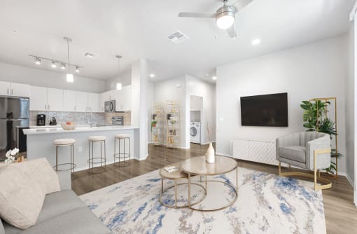 a living room and kitchen with white walls and a blue and white rug