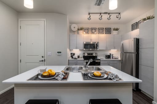 dining area with kitchen in background