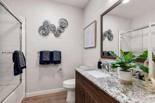 A bathroom with a white toilet, a sink, and a mirror.