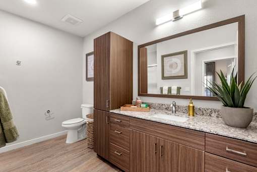 A bathroom with a toilet, sink, and mirror.