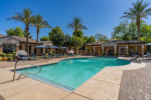 A swimming pool surrounded by palm trees and lounge chairs.