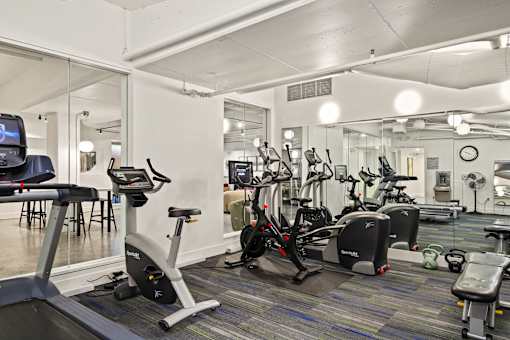 A gym with treadmills, exercise bikes, and other equipment.