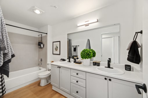 a bathroom with a large mirror and a sink and a toilet