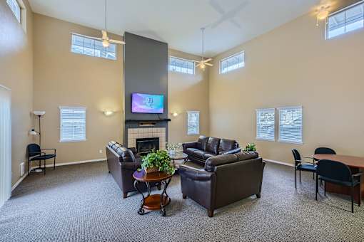 A living room with a fireplace and a television.